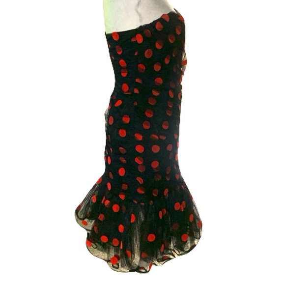 Vintage 80/90s Tadashi Shoji 6 Black Tulle Strapless Dress Red Velvet Polka Dots - Picture 4 of 8